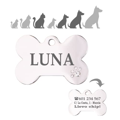 Iberiagifts - Hueso acero deluxe con brillantitos en forma de pata placa Chapa medalla de identificación personalizada para Collar Perro Gato Mascota grabada