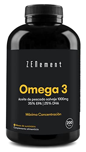 Omega 3 2000mg por dosis diaria, Máxima Concentración de DHA 500mg y EPA 700mg, Ácidos Grasos de Alta Potencia | Aceite de pescado salvaje con Vitamina E | 200 perlas de Omega-3 | Zenement