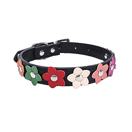 OCSOSO® Collar de piel con flores de colores muy lindo, collar de piel sintética para perros medianos y grandes, 5 cm de ancho, ajustable (S (43 – 50 cm), color negro