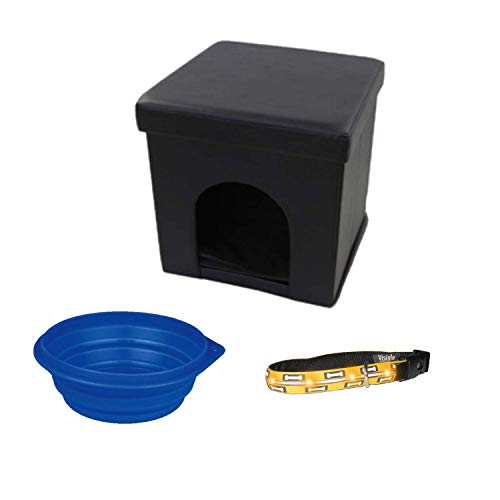 La Vida en Led Pack Collar Comedero Caseta Perro Gato Puff Asiento Desmontable Plegable (Negra)