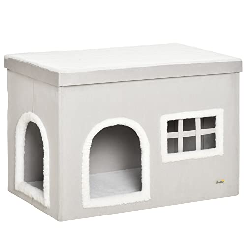 PawHut Casa Plegable para Gatos Interior Cueva para Gatos con Cojines de Felpa Suave Tapa Extraíble 2 Entradas y Ventana 71x42x49 cm Gris