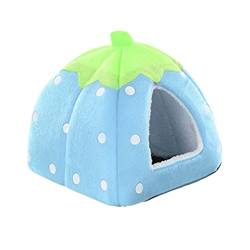 KOMUNJ Casa de Invierno para Animales pequeños, multifunción, Cama Caliente, diseño de Fresa, Suave Saco de Dormir para Mascotas, caseta de Perro, Gato (S, Azul)