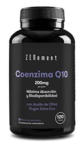 Coenzima Q10, 200 mg | 100% Pura Fermentada Naturalmente, 120 Perlas (Suministro para 4 meses) con Aceite de Oliva Virgen Extra Español Ecológico | Alta Potencia, Antioxidante | Zenement