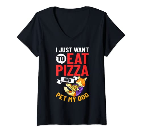 Mujer Pizza Perro Comer a domicilio Pizzeria Cachorros italianos Camiseta Cuello V