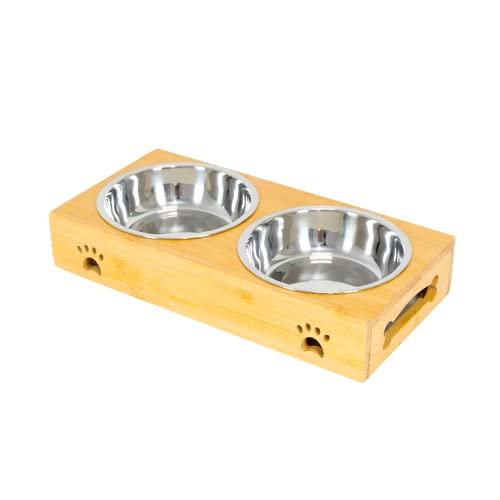 Edipets, Comedero Perro Gato, Bebedero Perro Gatos, Plato Simple, Doble, Triple Extraíble de Cerámica o Acero Inoxidable, Base de Bambú Antideslizante (Acero Inoxidable, Doble)