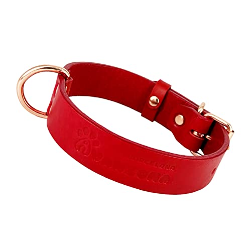 Collar Perro Cuero, Calidad Cuero Suave, Hecho a Mano en España. para Perros Pequeños, Medianos y Grandes. Rojo y Oro Rosa.