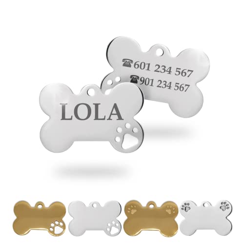 Chapa para Perro y Gato Personalizada - Ideal para Grabar su Nombre y tu Contacto - Placa Identificativa Hecha de Acero Inoxidable - Diseño de Hueso y 1 Huella pequeña - Iberiagifts