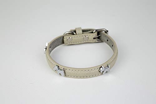 Collar de perro de piel suave acolchado con anillo en D con perritos de metal (Beige)