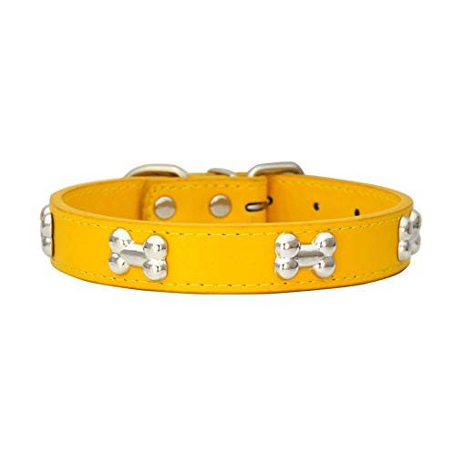 Mdurian Collar de Perro con Tachuelas de Hueso de Metal de Cuero Genuino, Seguros y cómodos, Collares de tamaño Ajustable para Perros pequeños y medianos, (XS, Amarillo)