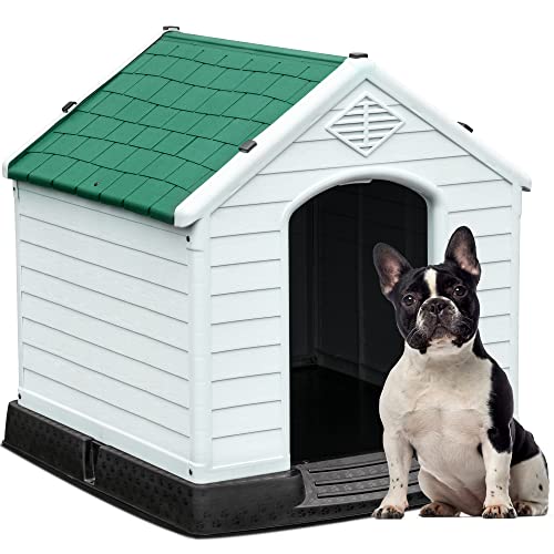 YITAHOME Pequeño Caseta para Perros de Plástico en el Exterior e Interior con Aislamiento Casa de Perro Refugio para Cachorros con Rejillas de ventilación y Piso Elevado Verde 73.6 x 66.5 x 71 cm