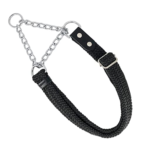 Collar Antitirones Perro. Collar Martingale con Cadena. Collar Adiestramiento Perros Pequeños Medianos Grandes. Nylon Cuero Suave Resistente. Hecho en España. Negro.