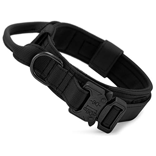 Huntvp Collar Táctico para Perros con Mango de Control, Ajustable Collar de Nailon con Hebilla de Metal, para Perros Medianos Grandes Caza Al Aire Libre Entrenamiento, Negro-L