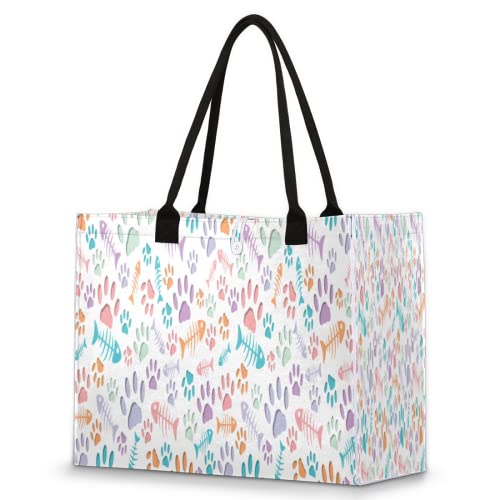 Bolsa de playa para mujeres y niñas, huesos de pez, perro, estampado de patas, bolsa grande de playa, a prueba de arena, bolsa de hombro reutilizable, bolsa de compras con asa, Multicolor, Talla única