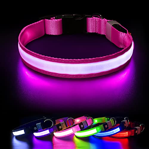 Collar Luminoso Perro, LED Collar para Perro con Luz USB Recargable y 7 Colores, Impermeable Ajustable Collares LED para Perro Pequeño Mediano Grande de Mascota, Rosa-S