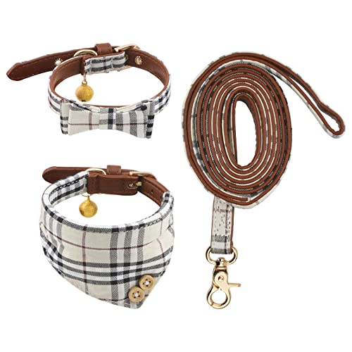 HACRAHO - Juego de collar y correa para perro con pajarita, 3 piezas, collar clásico de pañuelo para perro a cuadros con campana para perros pequeños, cachorros, caminar al aire libre, color beige