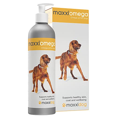 maxxiomega - Suplemento alimenticio en aceite para perro | Con bomba de dosificación para fácil administración | Omega 3, 6 y 9, vitaminas A, D y E y biotina | Para piel sana y pelaje brillante | Sin olor a pescado | 296 ml