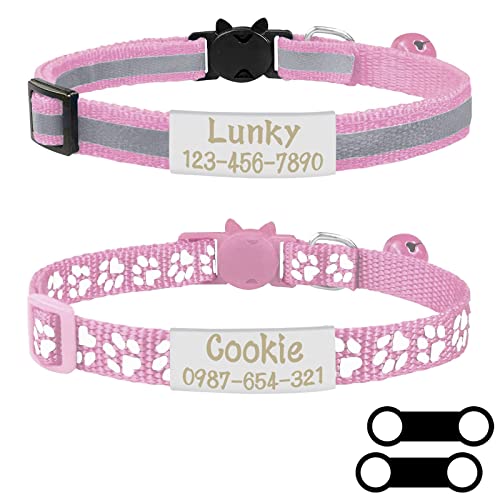 Uiopa 2pzs Collar Gato Antiahogo + 2pzs Chapa Perro Grabada, Collar Gato Personalizado con Cascabeles y Hebilla Seguro de Liberación Rápida, Collar Perro Pequeño Ajustable 19-32cm (Rosa)