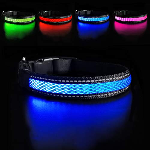 MASBRILL Collar Luminoso Perro de Mascota, 3 Modos Collar Perro Luz con Recargable y Impermeable, Ajustable Collares Destello LED para Perros Pequeños/Medianos/Grandes(Azul L)