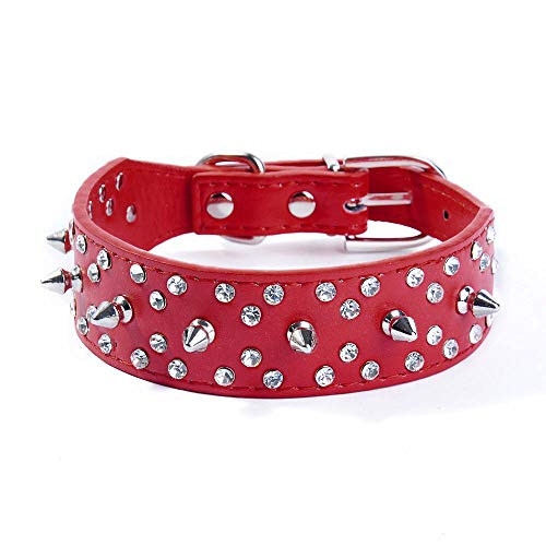 haoyueer Collar de perro con tachuelas con pinchos, elegante collar de cuero para perro, con remaches de bala y diamantes de imitación, suave y ajustable para perros medianos y grandes (L, rojo)