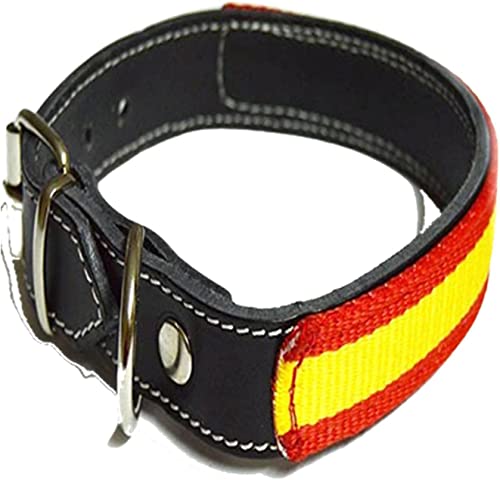 Articulos de Caza Collar Perro Cuero, Collar Perro, Collar Cuero Perro Bandera españa, Collar para Perro Negro con Bandera españa (55cm)