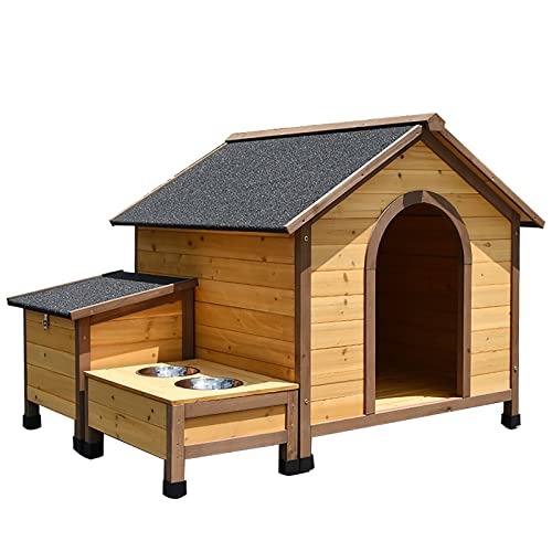 Caseta Para Perros, Estilo De Cabaña De Casa De Perro De Madera Para Exteriores, Caseta Para Mascotas Elevada Resistente a La Intemperie Con Techo De Asfalto Y Dos Tazones De Comida, Para Perros Media