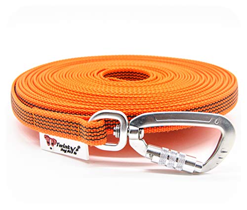 Correa de Arrastre Twinkys Dog Style engomado con mosquetón de Seguridad de 15 mm de Ancho para Perros - con muñequera de 30 Metro Naranja