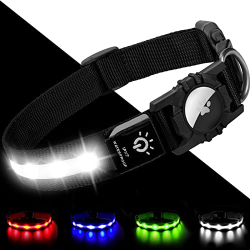 Joytale Collar Luminoso Perro[100% Ipx7 Impermeable], Collar Perro LED Airtag Ajustable con 3 Modos Luz, Collares Mascotas Recargable USB C para Medianos Perro, Negro