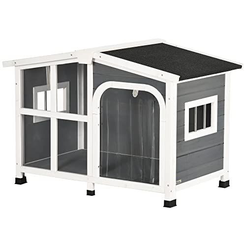 PawHut Caseta de Madera para Perros 101x66,5x70,5 cm Casita para Mascotas con Techo Abatible Frontal de Acrílico Puerta con Cortina y Fondo Extraíble Gris Oscuro