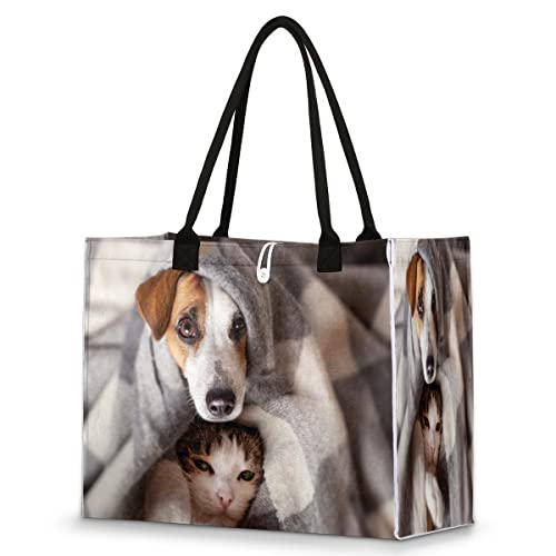 cfpolar Bolsa de playa para mujeres y niñas, perro y gato en el frío otoño, bolsa de playa grande, a prueba de arena, bolsa de hombro reutilizable, bolsa de compras de comestibles con asa, Con color