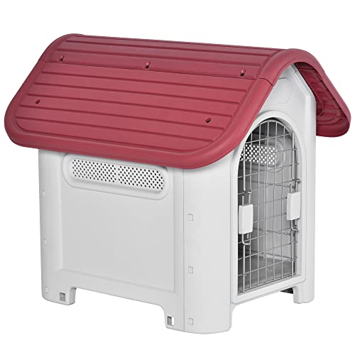 PawHut Caseta para Perro con Puerta Extraíble Base Elevada 3 Respiraderos y Ventana Abrible Caseta de Perros para Interior y Exterior 59x75x66 cm Gris Rojo