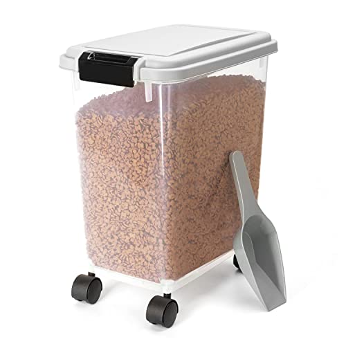 Nobleza - Contenedor de Comida para Mascotas 20L, Mascotas Caja de Alimentos con Ruedas, Tapa abatible, hermética, Transparente, Ruedas y Pala, para Perros y Gatos, Gris