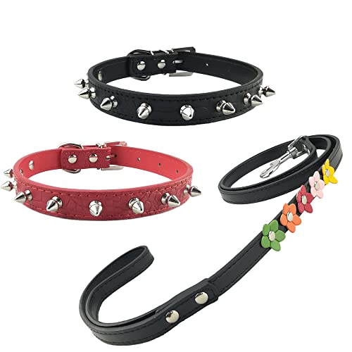 Newtensina 3 Piezas Collar de Perro con Correa Set 2 Piezas Grano de cocodrilo Pinchos Collar de Perro con Flor Correa para Perros pequeños Perros medianos