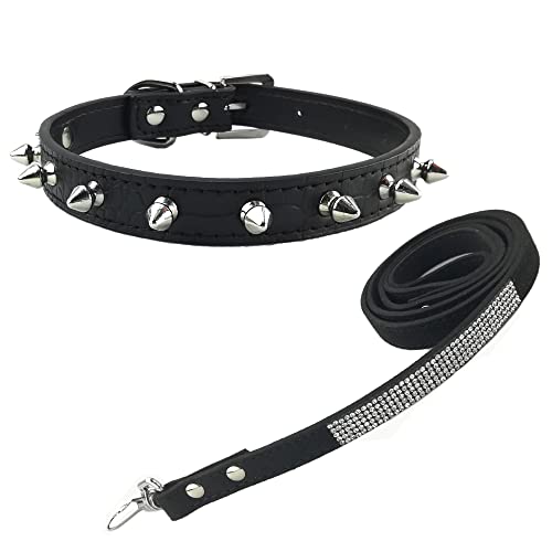 Newtensina Moda Collar y Correa de Perro con Pinchos Punk Grano de cocodrilo Pinchos Collar de Cachorro con Bling Correa para Perros - Negro - M