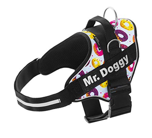 Arnés Personalizado para Perros - Arnés para Perros Reflectante y Seguro - Incluye 2 Etiquetas con Nombre - Tamaño Pequeño, Mediano y Grande - De Calidad y Resistente (M 13-22KG, Donuts)