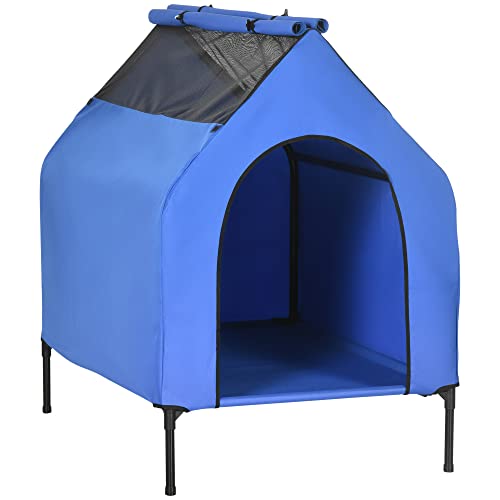 PawHut Caseta para Perros 130x85x121 cm Cama Elevada para Mascotas con Cubierta Desmontable y Ventanas de Malla para Perros Grandes y Extra Grandes Azul