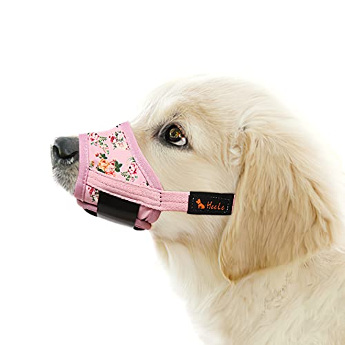 HEELE Bozal para Perros Pequeños Bozales Perro Anti-Ladridos con Anti-Mordida Bozales para Perro Suave Ajustables con Bonito Estampado Corte de Uñas y Colirio, Flor Rosa, XS