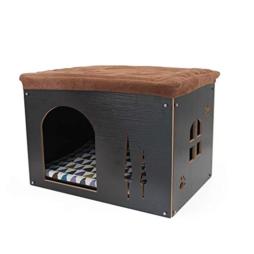 SONGWAY Casa de Madera pour Perro Gato - Taburete Caseta para Mascota con Cojín Extraíble para Cachorro y Gato, 57×40×40cm，Negro