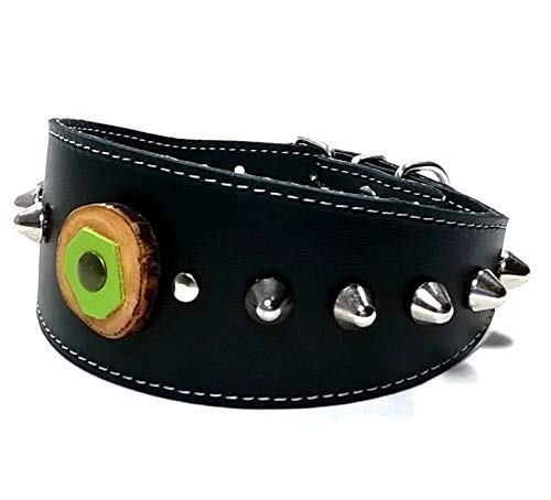 Collar para Galgo Whippet o Podenco, Diseño Original con Elegantes Tachuelas y Pinchos, Hecho a Mano de Cuero Negro, Artesanal con Olivo y Piel Verde, Interior Cómodo, Disponible con Correa a Juego