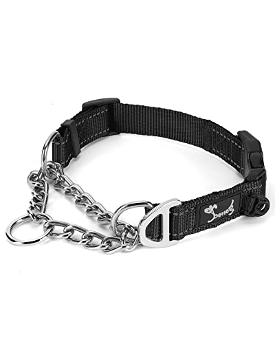 PETTOM Collar para Perros Ajustable Reflectante Nylon Acolchado Resistente Suave Martingale Collar con Metal, Hebilla de Seguridad para Perro Mediano Grande Cachorro para Correr Entrenamiento Negro