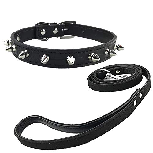 Newtensina Moda Collar y Correa de Perro con Pinchos Punk Grano de cocodrilo Pinchos Collar de Cachorro y Ante Correa para Perros - Negro - XS