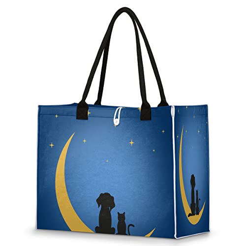 cfpolar Bolsa de playa para mujeres y niñas, perro y gato sentado en la luna, bolsa grande de playa a prueba de arena, bolsa de hombro reutilizable, bolsa de compras de comestibles con asa, Con color