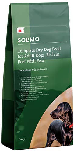 Marca Amazon - Solimo - Alimento seco completo para perro adulto rico en vacuno con guisantes, 20kg, Paquete de 1