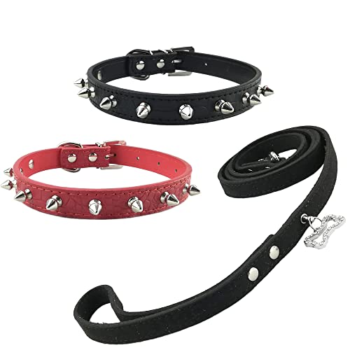 Newtensina 3 Piezas Collar de Perro con Correa Set 2 Piezas Grano de cocodrilo Pinchos Collar de Perro con Ante Correa para Perros pequeños