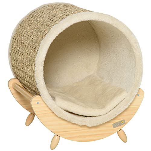 PawHut Cama Elevada para Gatos Cueva para Mascotas Aparencia Barril con Superficie de Algas para Rascar Cojín y 4 Patas de Madera 41x38x43 cm Natural