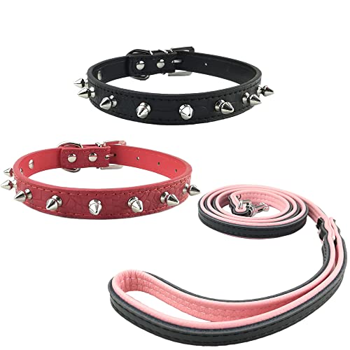 Newtensina 3 Piezas Collar de Perro con Correa Set Moda 2 Piezas Grano de cocodrilo Pinchos Collar de Perro con Color de Contraste Correa para Perros pequeños Perros medianos