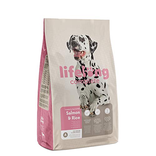 Marca Amazon - Lifelong Complete- Alimento seco completo para perros adultos con salmón y arroz, 15kg, Paquete de 1