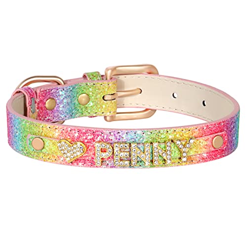 Collar De Perro Personalizado, Collar De Lentejuelas, Hebilla De Aleación, Collares con Nombre De Gato para Perros, Grabado para Perros Pequeños Y Grandes,Arcoíris,20-25cm