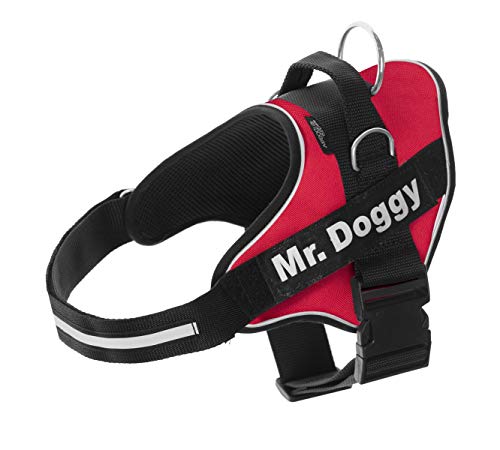 Mr. Doggy Arnés Personalizado para Perros - Reflectante - Incluye 2 Etiquetas con Nombre - Todos los Tamaños - De Calidad y Resistente (L 20-35KG, Rojo)