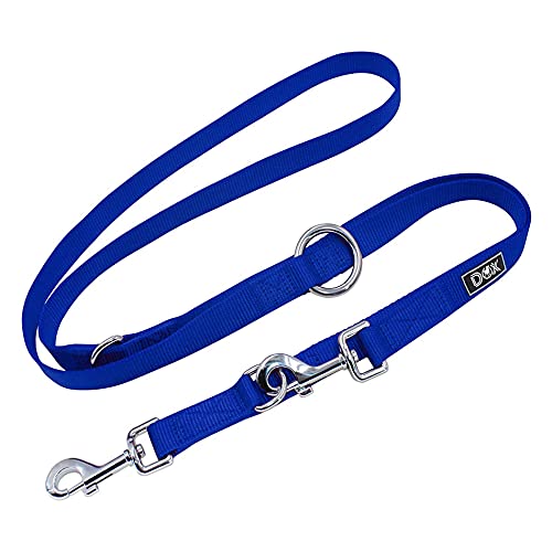 DDOXX Correa Perro de Nailon, Ajustable en 3 Direcciones, 2 m | Correas para Perros Grandes y Pequeños | Correa Doble para Perros, Gatos, Cachorros | Correa para Correr | Azul, XS