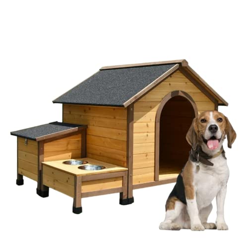 Casa de Madera para Perros medianos y Grandes Exterior - Caseta para Mascotas 124x97x92cm con comedero y almacén para la Comida - Casita rígida aislada de Madera para jardín o terraza - Color marrón